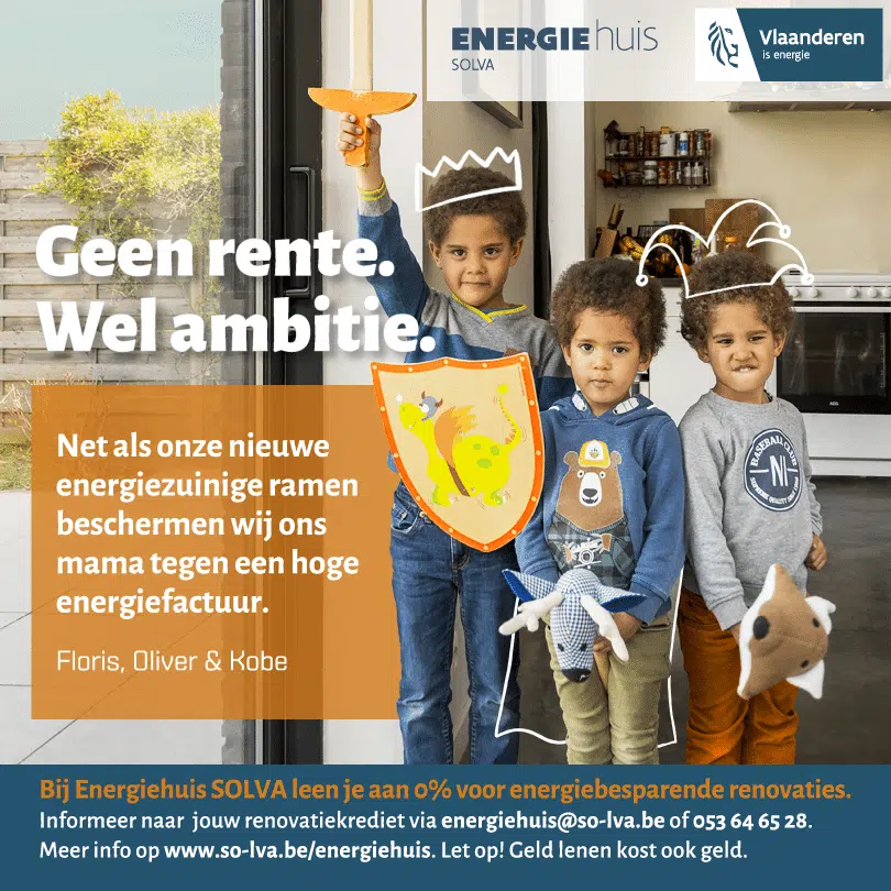 Energiehuis Familieposter voor Solva: Een poster met drie kinderen verkleed als ridder en koningin, trots poserend met speelse tekeningen om hen heen. Het moedigt energiebesparende renovaties aan, gepresenteerd op een toegankelijke, gezinsvriendelijke manier.