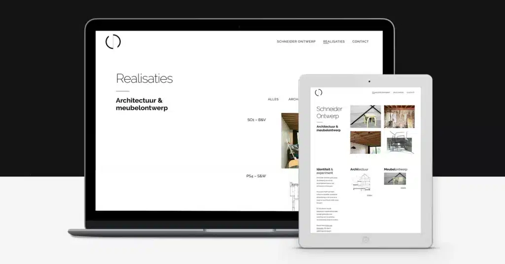 Schneider Ontwerp website mockup op laptop en tablet – minimalistisch webdesign met architectuur- en meubelontwerpprojecten