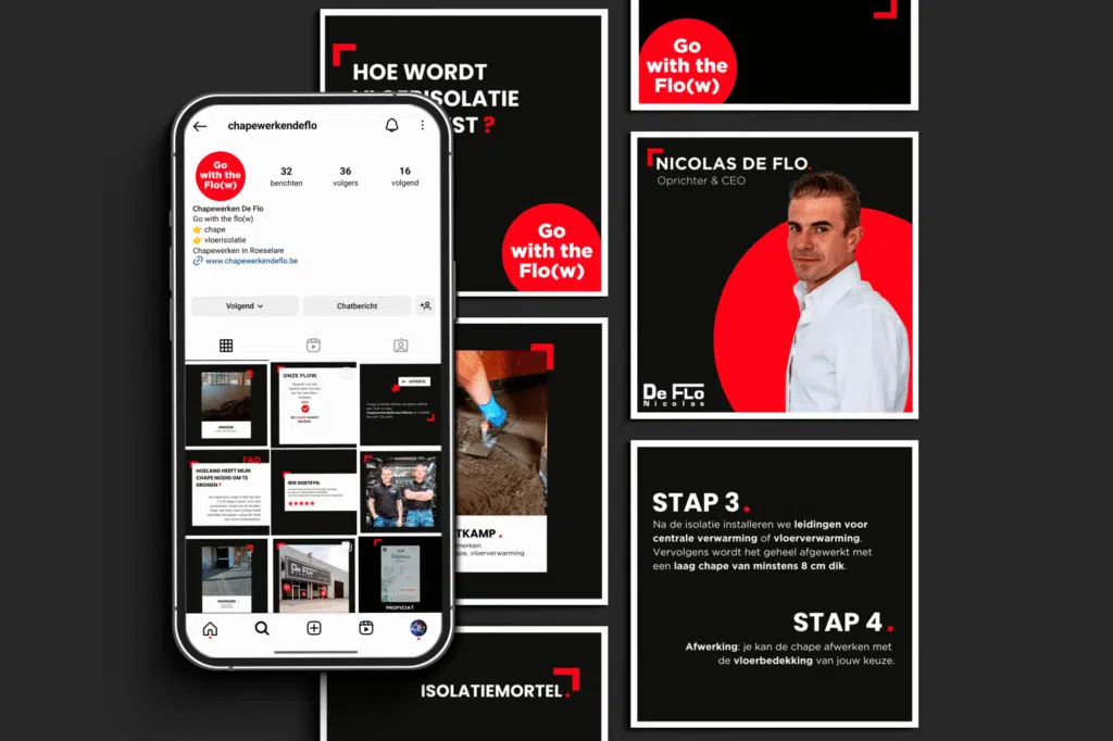 Social media mockup voor Chapewerken De Flo met Instagram-profiel, CEO Nicolas De Flo portret en informatieve posts over vloe