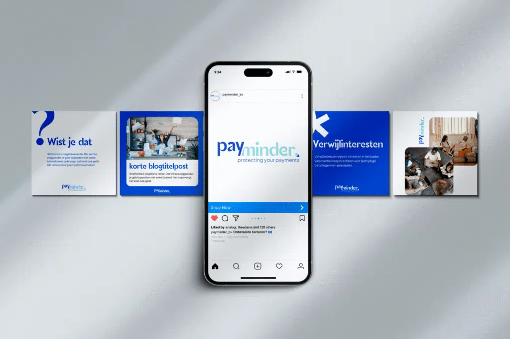 Payminder social media mockup: branded LinkedIn- en Instagram posts in blauw op smartphone en achterliggende tegels