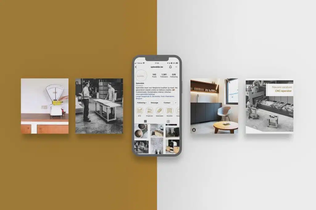 Splendide Instagram Design: Een weergave van een Instagram-feed op een smartphone, met afbeeldingen van meubels en werkprocessen van Splendide, een meubelmakerij.