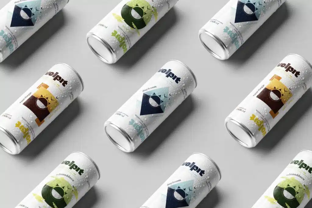 Volpit blikjes in verschillende smaken — dagdroom, ochtenddauw en vourdringer — met stijlvol grafisch ontwerp door Graviteit