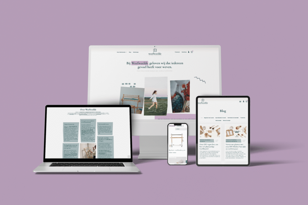 Mockup van de website voor Weefweelde, ontwikkeld door Graviteit, met overzicht van pagina’s, blog en branding.