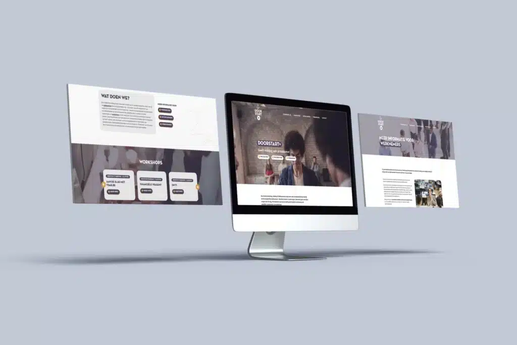 Webdesign mockup van de Doorstart+ website op iMac, met drie pagina's: homepagina, workshops en werknemersinformatie