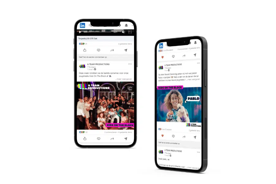 Twee smartphones tonen LinkedIn social media posts van A Team Productions met Kids On The Block content en performer Pablo