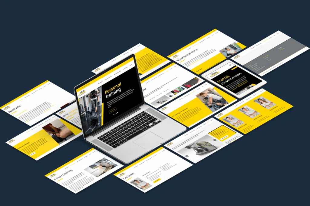 Rehab & Prevention: Ontwerp van een personal training website met verschillende schermen die het aanbod aan trainingen en services presenteren, gekenmerkt door een zwart-geel kleurenpalet.