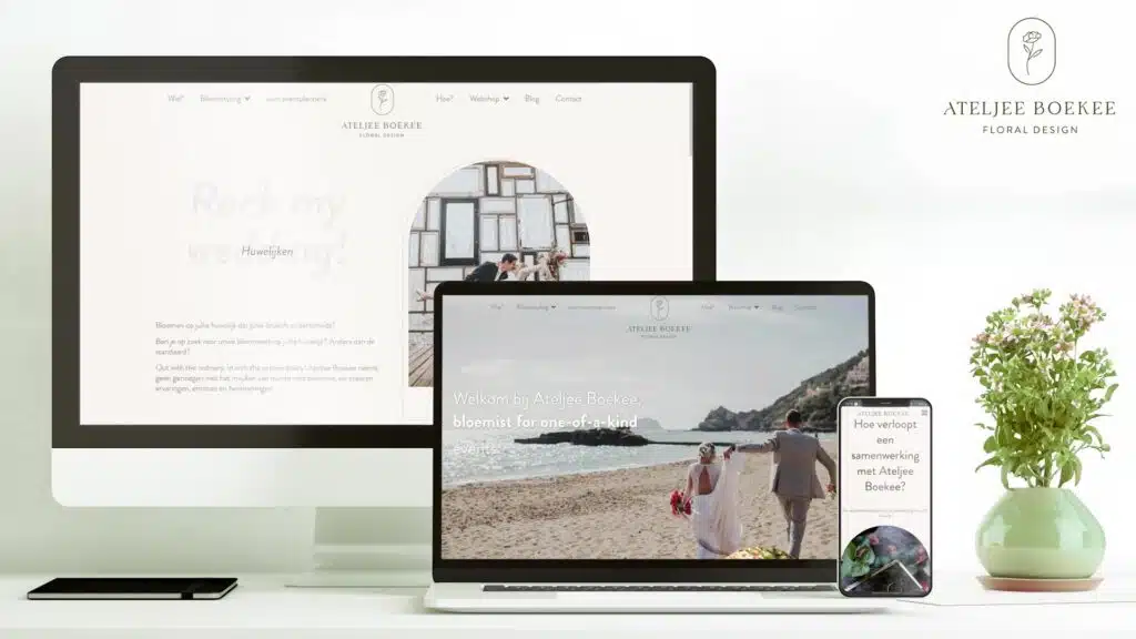 Responsive websiteontwerp van Ateljee Boekee Floral Design weergegeven op desktop, laptop en smartphone met bruiloftsfotograf