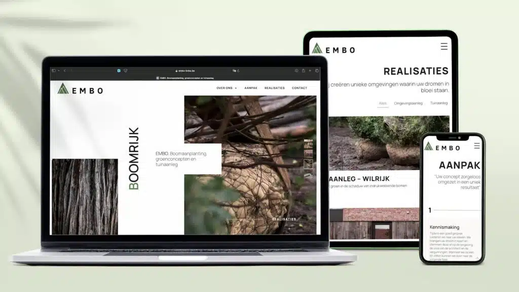 Responsive websitedesign van EMBO op laptop, tablet en smartphone – boomaanplanting, groenconcepten en tuinaanleg – gerealise