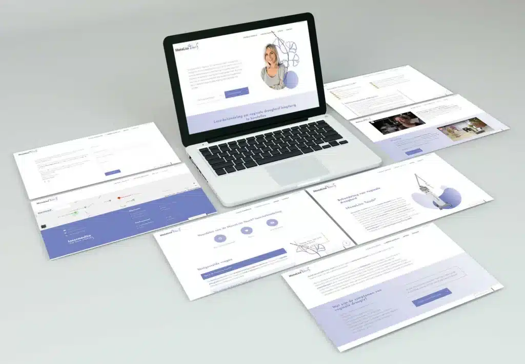 De MonaLisa Touch-website op een laptop, met verschillende pagina's van de site errond uitgespreid.