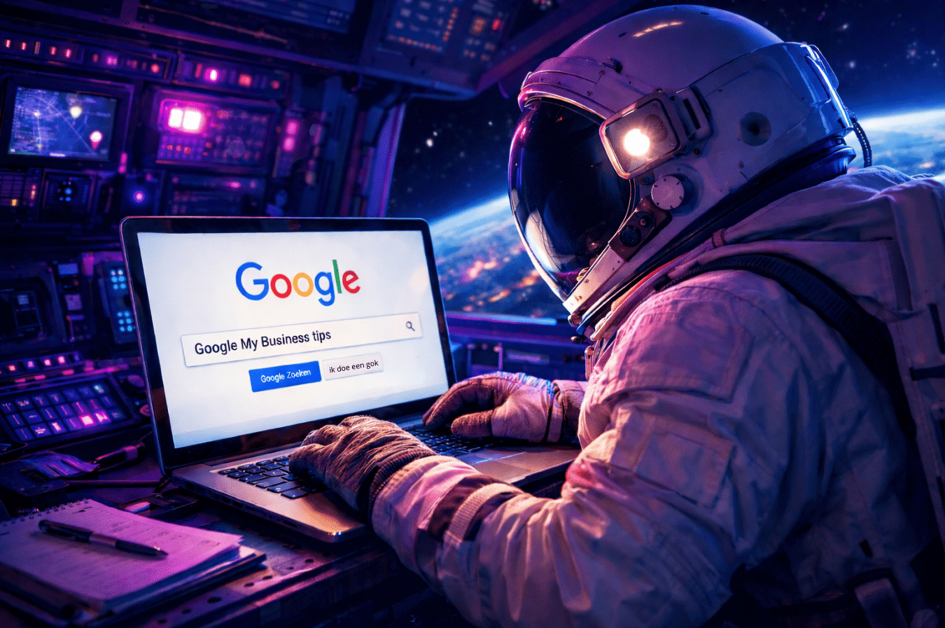 Astronaut in ruimtepak zoekt 'Google My Business tips' op laptop in ruimtestation — illustratie bij Google Business Profile o