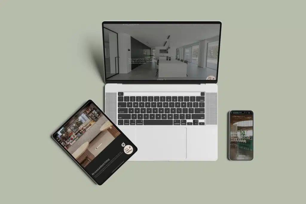 Responsief webdesign van Peter Roekens Interieurarchitect getoond op laptop, tablet en smartphone — een project van Graviteit