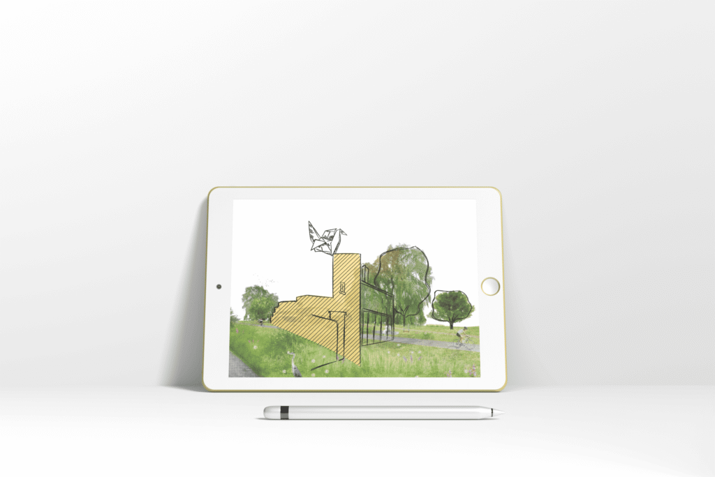 Planrr.: Een tablet met een illustratie van een architecturaal ontwerp. De afbeelding toont een groene omgeving met een modern gebouw en bomen. Er is een vogel in origami-stijl bovenop het gebouw getekend.