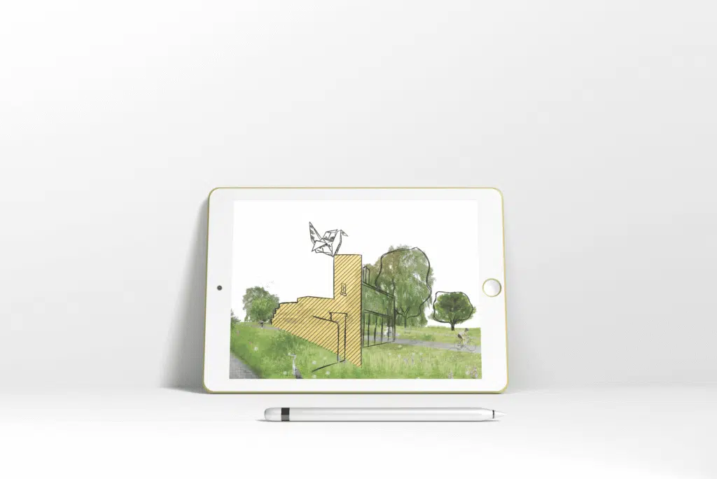 Planrr.: Een tablet met een illustratie van een architecturaal ontwerp. De afbeelding toont een groene omgeving met een modern gebouw en bomen. Er is een vogel in origami-stijl bovenop het gebouw getekend.