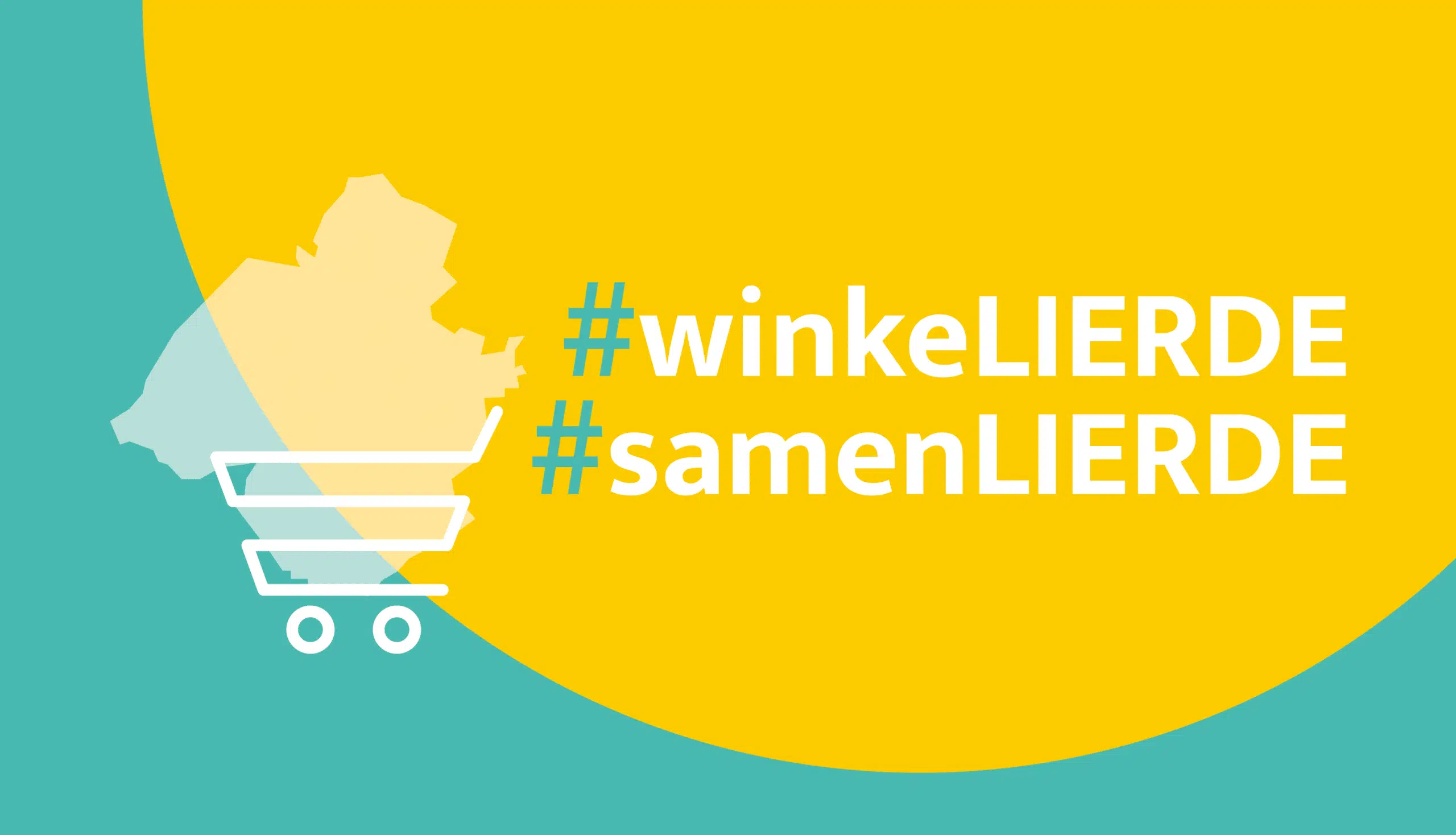 Logo Winkelierde: Een kleurrijk logo met een winkelwagenpictogram, hashtags #winkelIERDE en #samenLIERDE, en een kaart van de regio Lierde in geel en blauw.