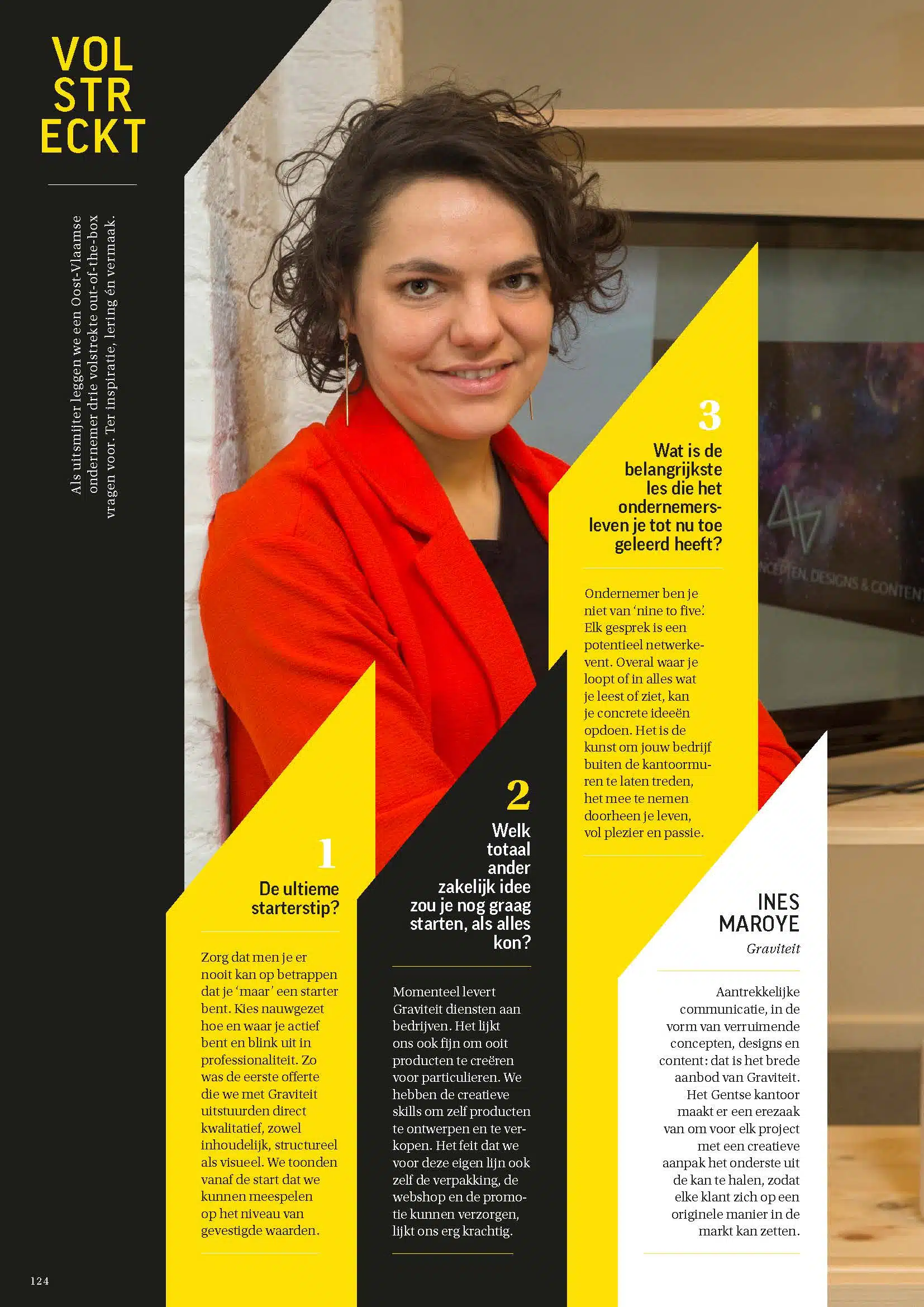Ines Maroye posseert in het Sterck Magazine voor een artikel over ondernemers. Wichels Gents Communicatiebureau Graviteit in Sterck Magazine Volstreckt