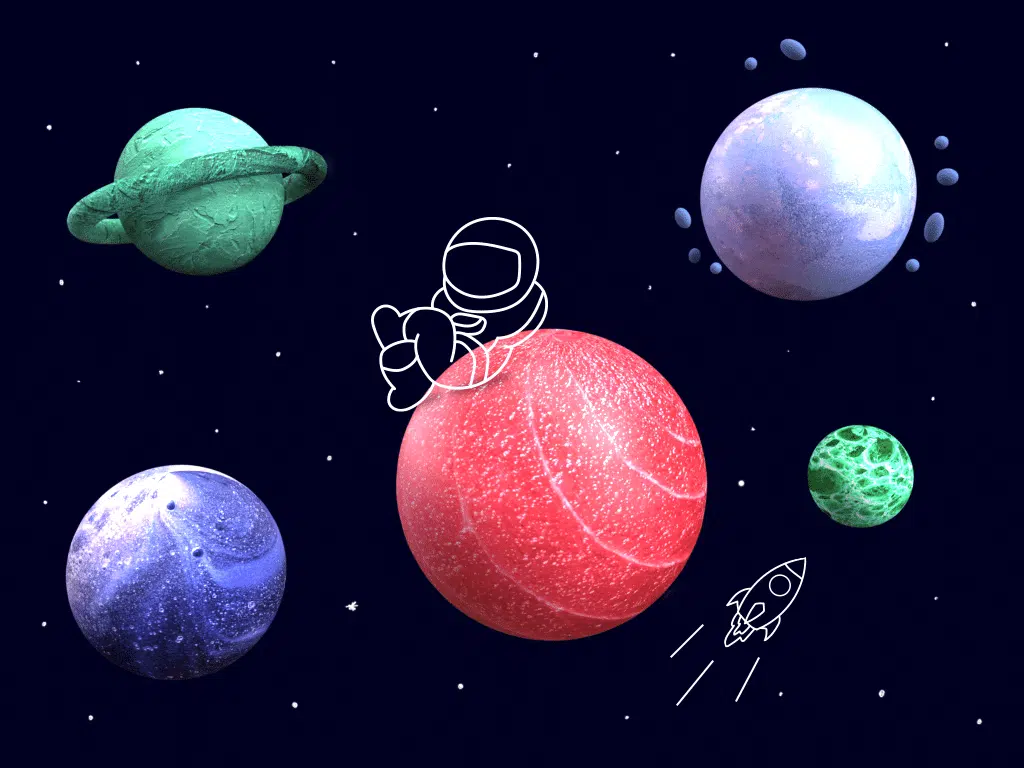 Astronautenillustratie zittend op een grote rode planeet, omringd door verschillende planeten tegen een donkere sterrenhemel.