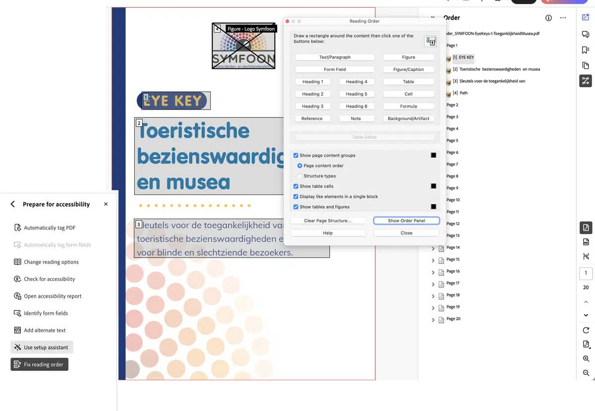 Hoe maak je een toegankelijke PDF in Acrobat voorbeeld. Op de afbeelding is een screenshot te zien uit Adobe Acrobat van de voorpagina van de Eye Key voor Symfoon waar de leesvolgorde goed gezet wordt voor blinden en slechtzienden zodat hun spraakprogramma dit juist kan voorlezen.