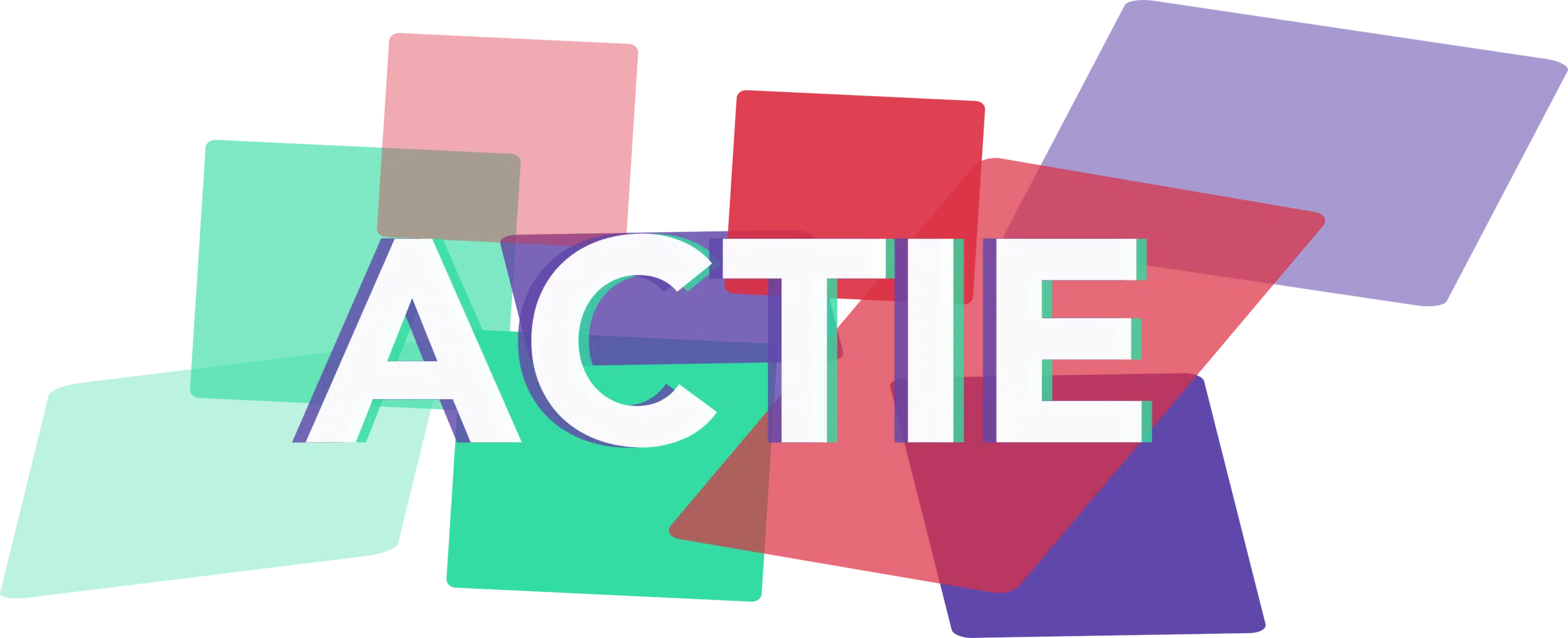 user experience: Tekst "ACTIE" op een speelse achtergrond van overlappende gekleurde rechthoeken (groen, rood, paars).