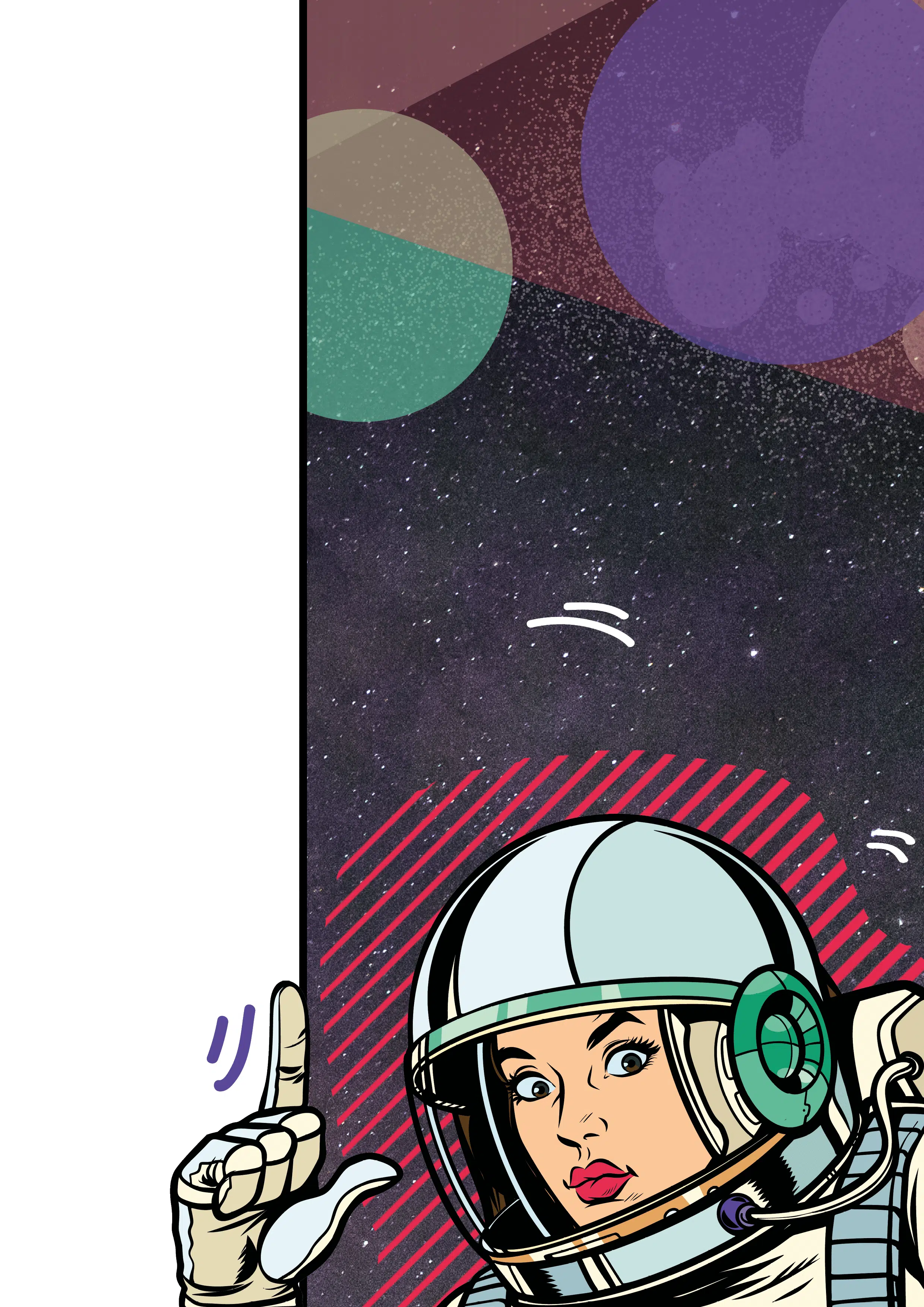 Illustratie van een vrouw in een ruimtepak met haar wijsvinger omhoog wijzend naar boven. De achtergrond toont abstracte vormen en een sterrenhemel.