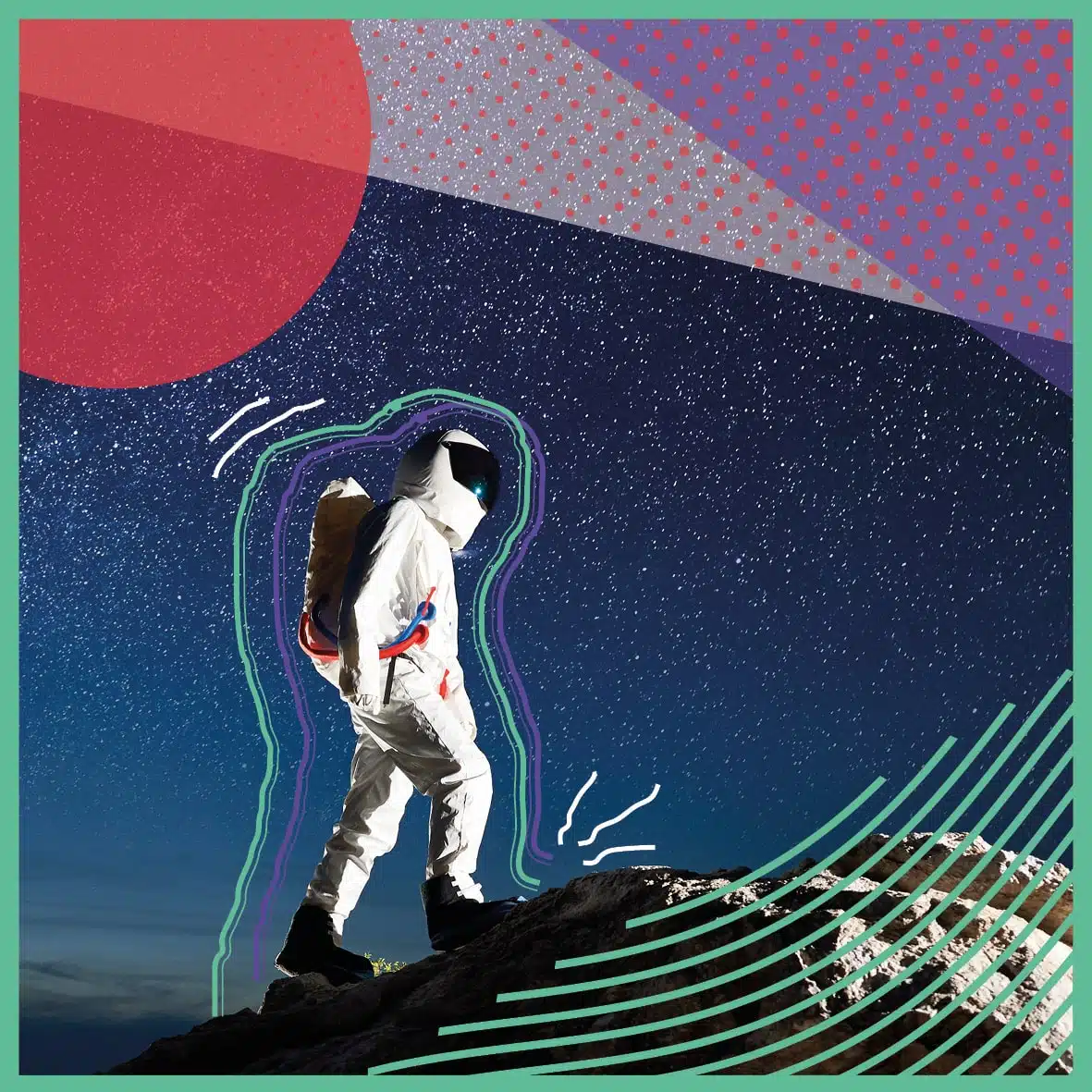 Astronaut loopt op een bergtop met een achtergrond van een sterrenhemel, versierd met grafische lijnen en patronen.