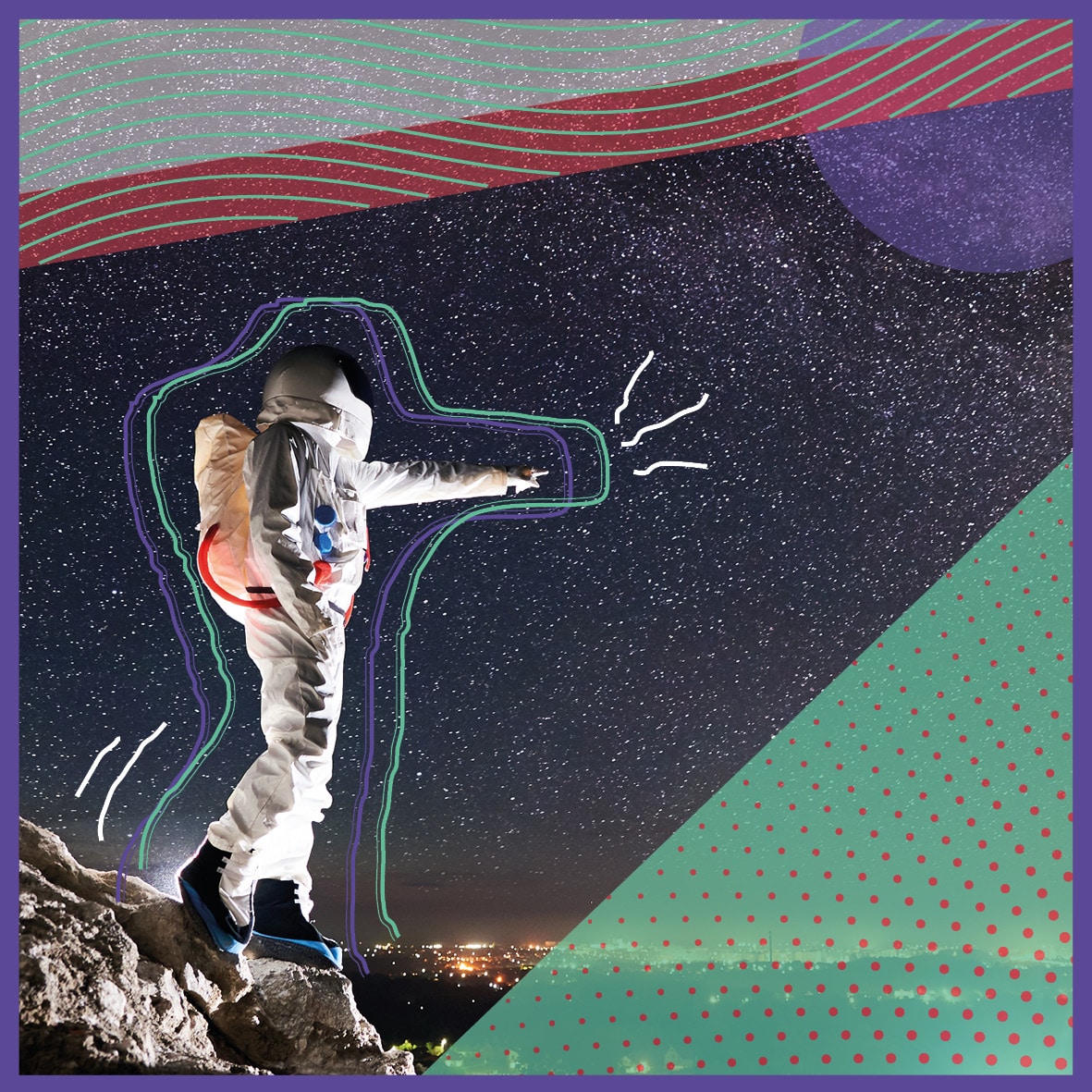 Astronaut poseert met armen in de lucht tegen een sterrenhemel achtergrond, versierd met kleurrijke lijnen en vormen