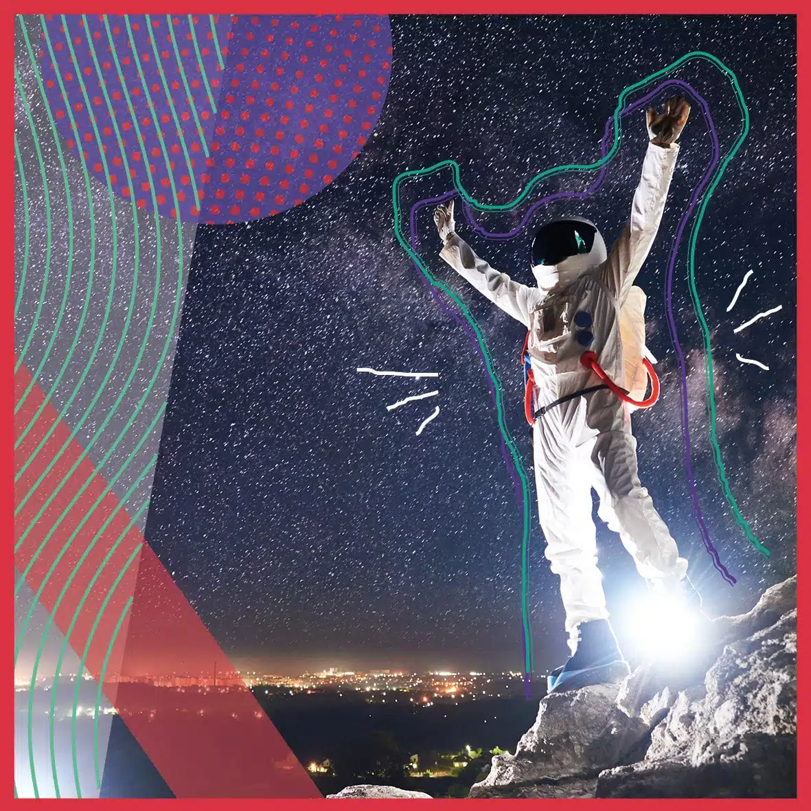 Astronaut poseert met armen in de lucht tegen een sterrenhemel achtergrond, versierd met kleurrijke lijnen en vormen
