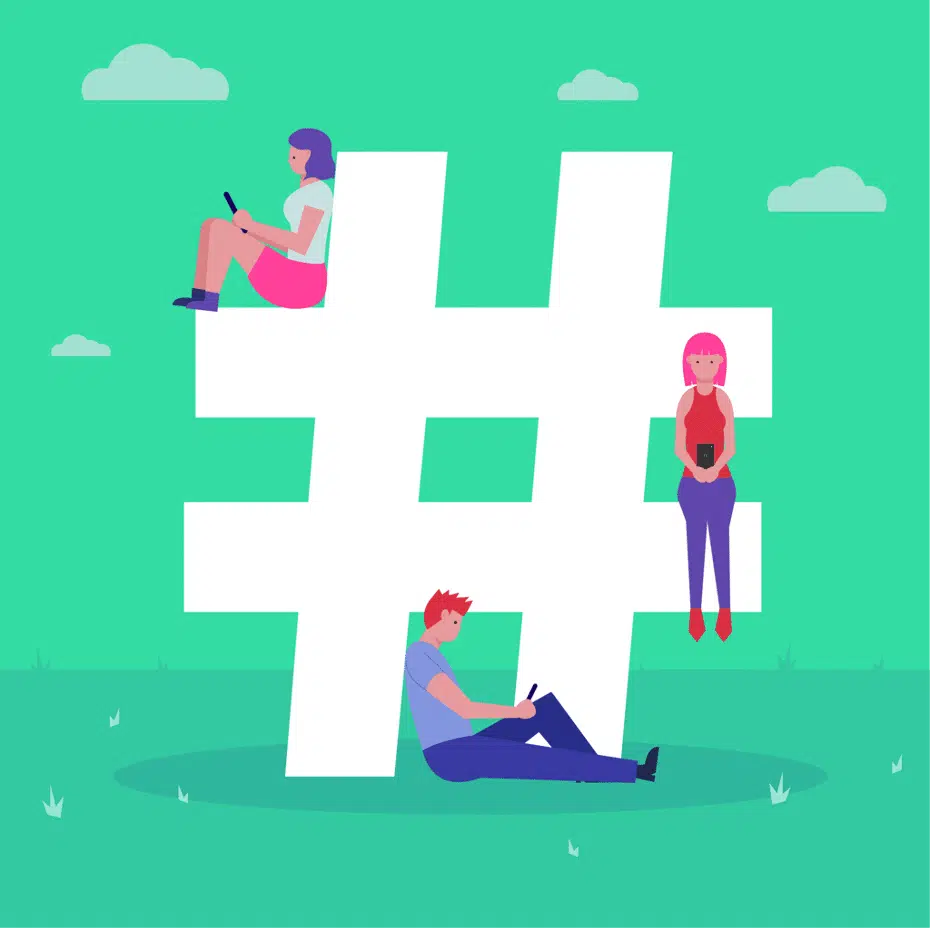 Illustratie van mensen die met hun smartphone rond een gigantisch hashtag-symbool zitten - verbeelding van hoe hashtag hacks gemeenschappen verbinden.