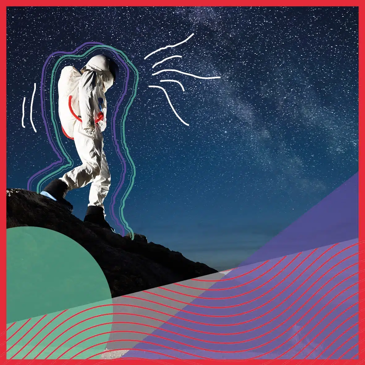 Astronaut loopt op een bergtop met een achtergrond van een sterrenhemel, versierd met grafische lijnen en patronen.