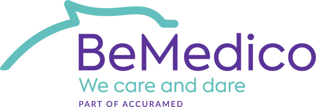 BeMedico logo met slogan 'We care and dare' en vermelding 'Part of Accuramed', in paars en turquoise
