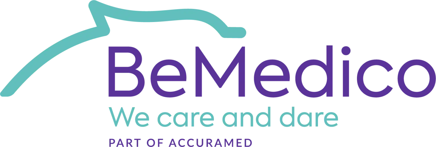 BeMedico logo met slogan 'We care and dare' en vermelding 'Part of Accuramed', in paars en turquoise