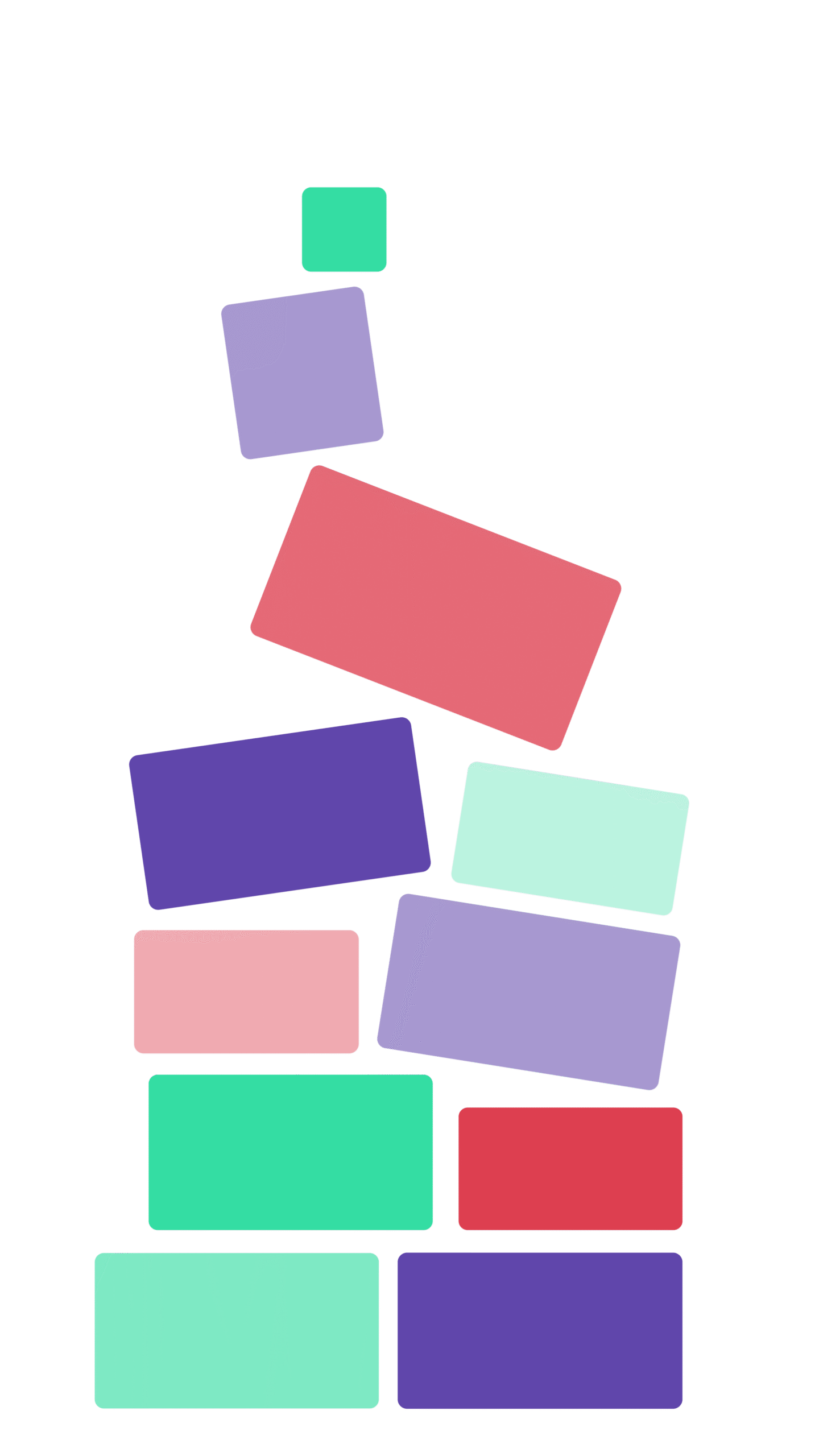 user experience: Stapel gekleurde blokken die omvallen, in rood, groen en paars.