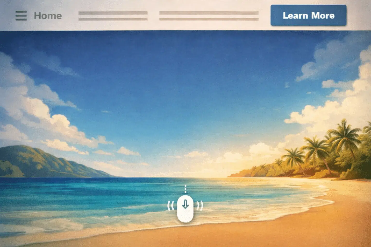 Een website met een paginavullende header maar met een scroll-icoontje onderaan