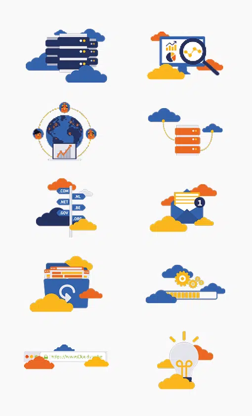 Cloudstar iconen: Illustraties van verschillende cloud computing-gerelateerde pictogrammen, zoals servers, grafieken, een wereldkaart, een zoekbalk, en een gloeilamp, allemaal omringd door wolken in oranje en blauwe tinten.