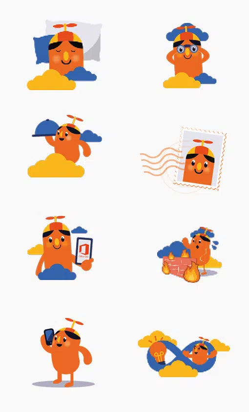 Cloudstar iconen: Tien illustraties van oranje karakters met propellers op hun hoofd, bezig met activiteiten zoals slapen, lezen, en het posten van brieven.