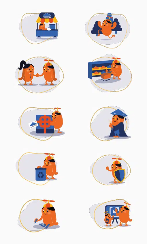 Cloudstar iconen: Tien illustraties van oranje karakters met propellers op hun hoofd, elk bezig met een andere activiteit zoals samenwerken, recycleren en leren.