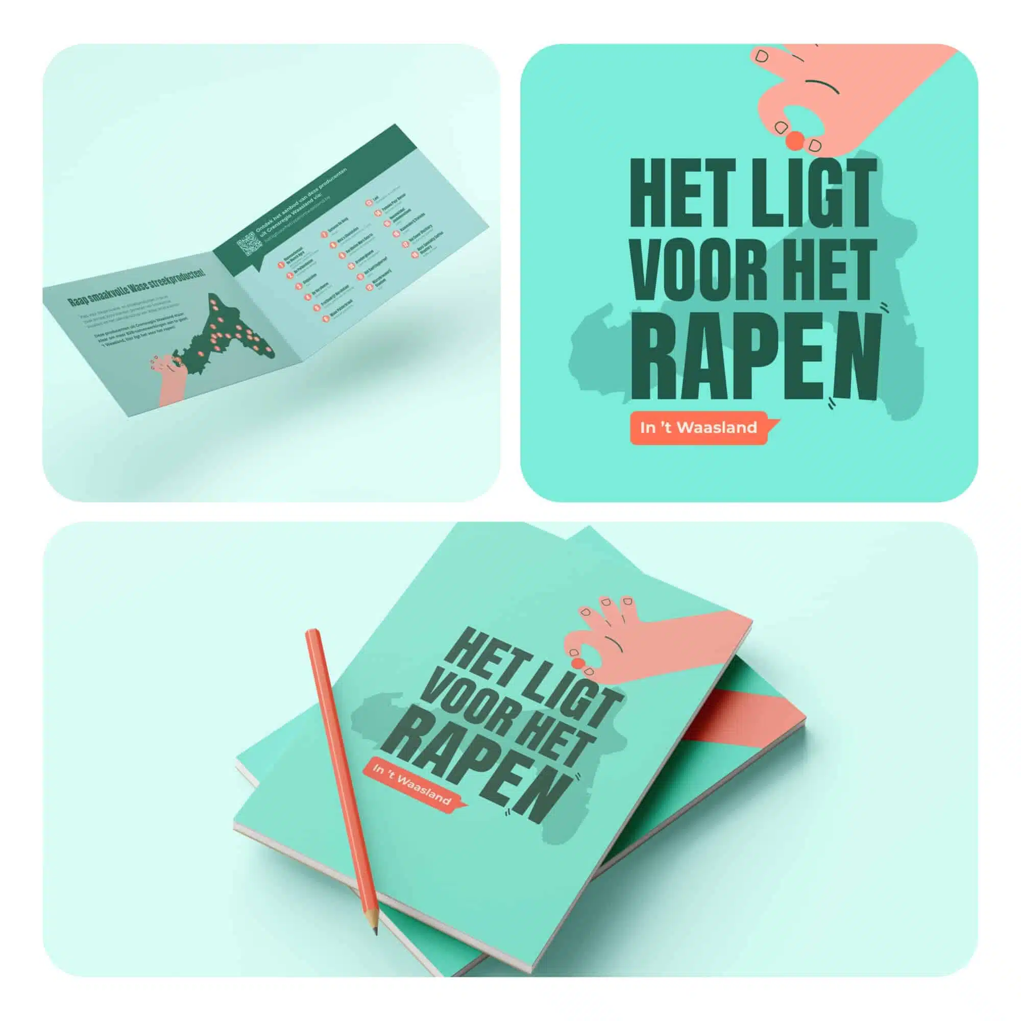 Notitieblok en kaart voor ‘Het ligt voor het rapen’ – Erov – Een notitieblok en infokaart in campagnestijl, die lokale B2B-samenwerkingen in het Waasland promoten.