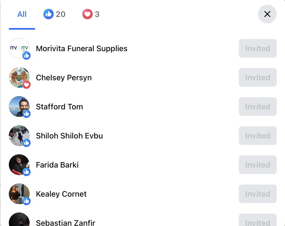 Facebook interface voor het uitnodigen van connecties, lijst met namen en uitnodigingsknoppen zichtbaar