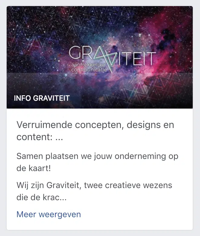 Graviteit promotie afbeelding met kleurrijke sterrenhemel en bedrijfsnaam, waarin wordt gesproken over vernieuwende concepten, designs en content. Slogan: "Samen plaatsen we jouw onderneming op de kaart!