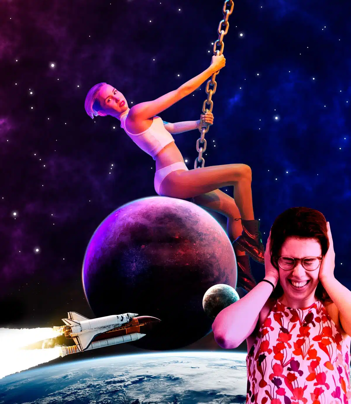 Een surrealistische afbeelding van stagiair Laura die haar oren bedekt, terwijl Miley Cyrus op een ketting schommelend in de ruimte zweeft boven een planeet. Op de achtergrond is een ruimteschip te zien dat de aarde verlaat, en de scène is omringd door sterren in een donkere, kosmische omgeving.