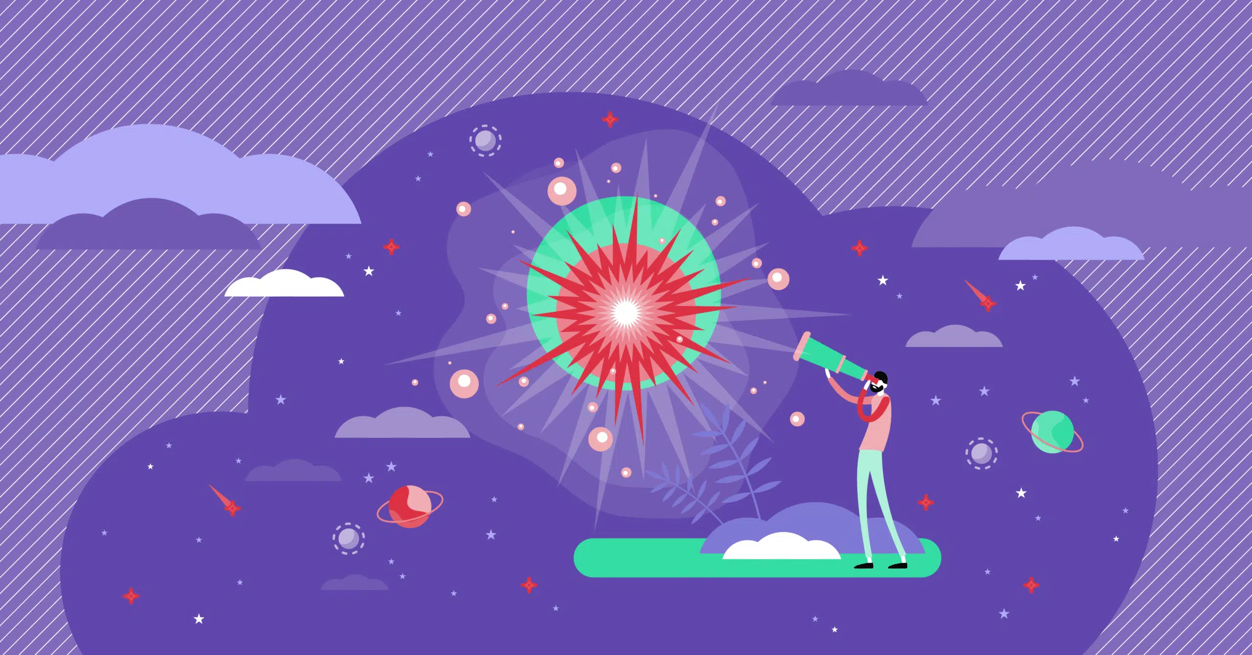 Illustratie van een man met een telescoop kijkend naar een rode ster tegen een paarse hemel vol wolken, planeten en sterren.