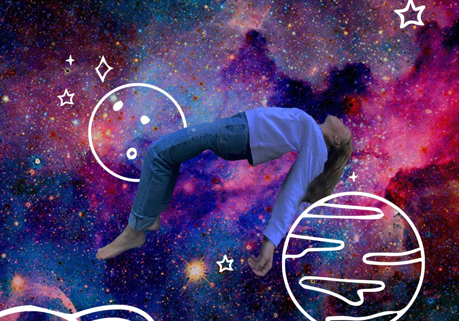 Illustratie van een sterrenstelsel met planeten en sterren, waarin stagiair Julie zweeft.