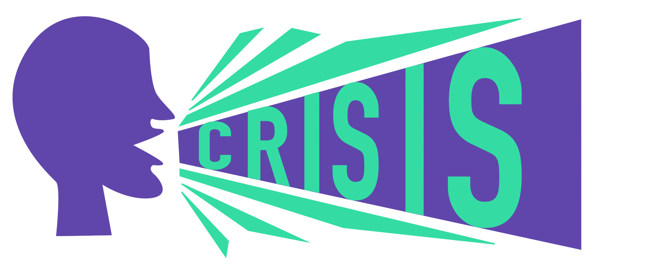Crisiscommunicatie tijdens corona en quarantaine: Illustratie van een paars silhouet dat het woord "CRISIS" uitroept, met stralen die naar buiten komen in groene en paarse tinten.