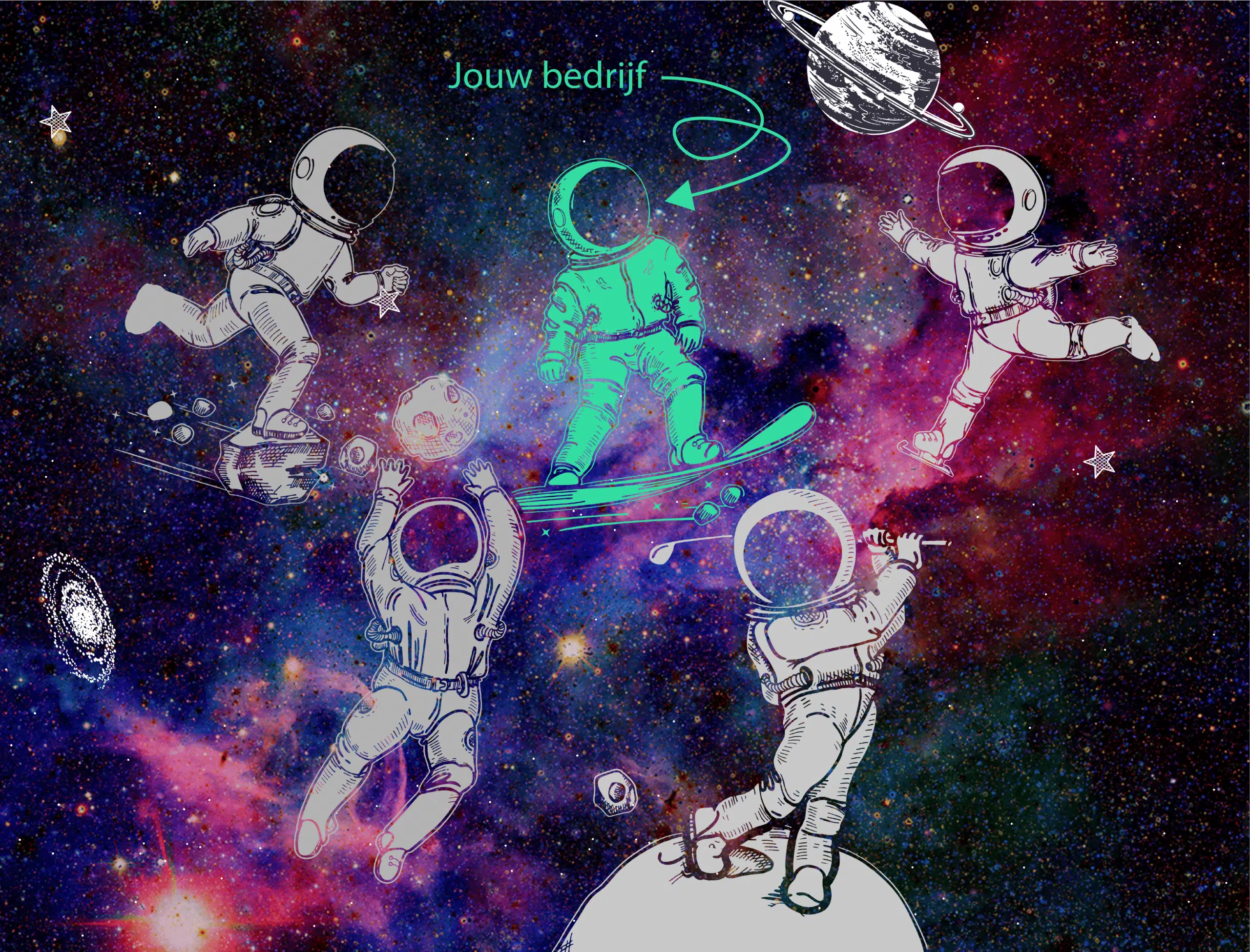 Illustratie van zes astronauten zwevend in de ruimte, met één astronaut in het midden die 'Jouw bedrijf' vertegenwoordigt, in een kleurrijke sterrenachtergrond.