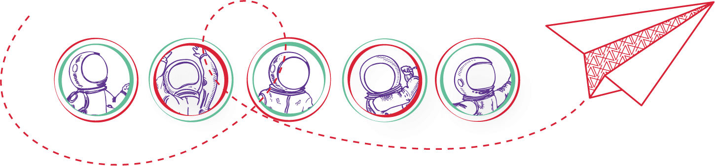Illustratie van vijf astronauten in een rij met een rode papieren vliegtuig op een stippellijn.