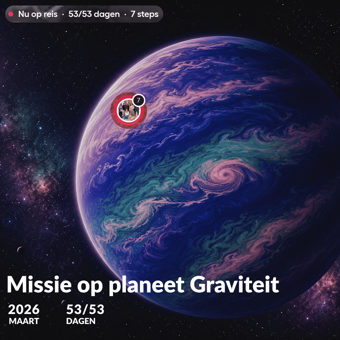 Colorful cosmic planet with swirling clouds and user interface showing "Missie op planeet Graviteit" mission tracker