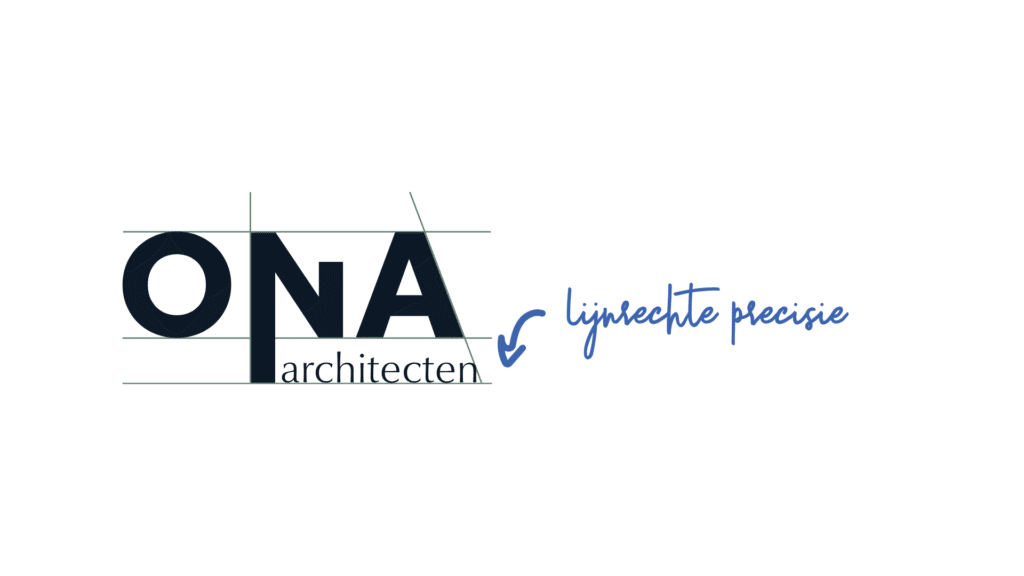 ONA Architecten logo met tagline 'lijnrechte precisie' en architecturale lijnen als ontwerpelement van de rebranding