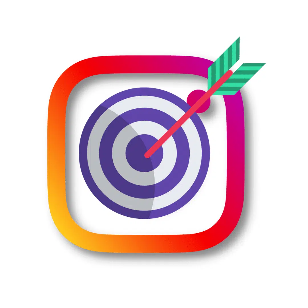 Doelgerichte marketing op Instagram: Een afbeelding van een doelwit met een pijl in het midden, ingekapseld in een vierkante, kleurrijke Instagram-stijl rand.