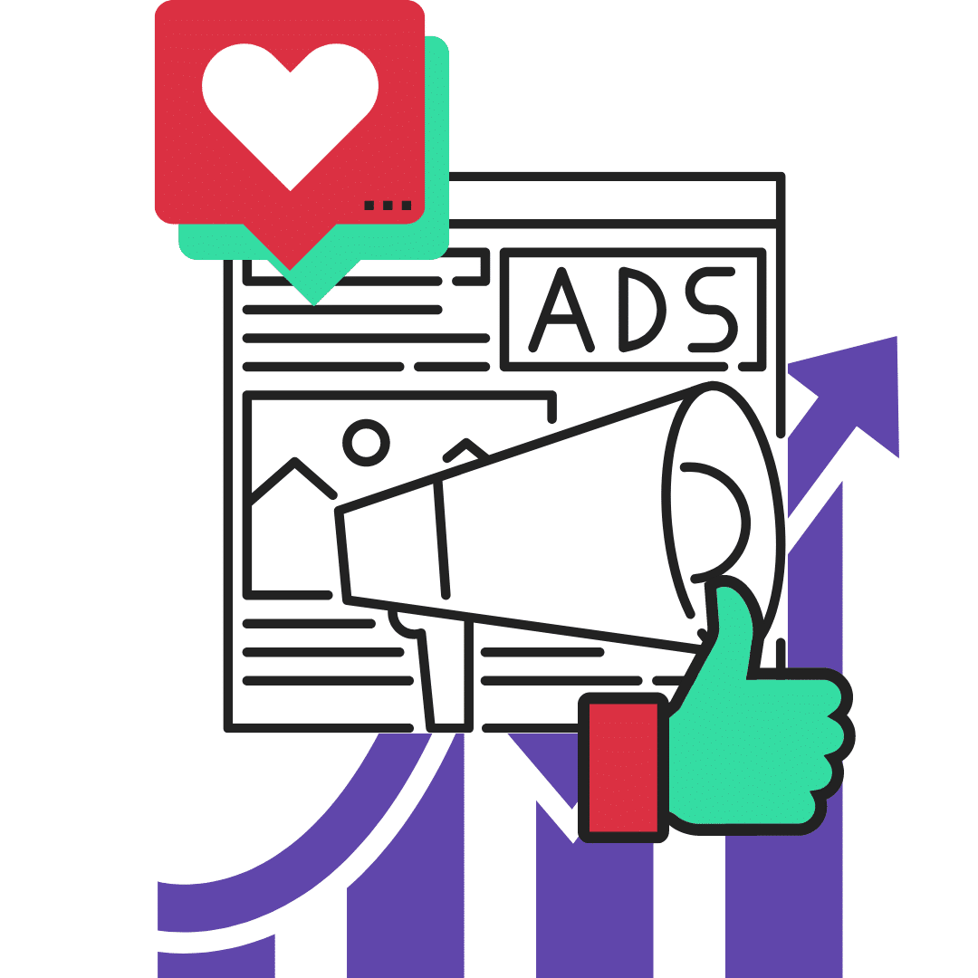 Advertentie en marketing icon: Een afbeelding met een zwart-witte tekening van een krant met een "ADS"-kop, een megafoon en een duim omhoog icoon. Een rood hart-icoon bevindt zich linksboven en een stijgende paarse grafieklijn is zichtbaar op de achtergrond.