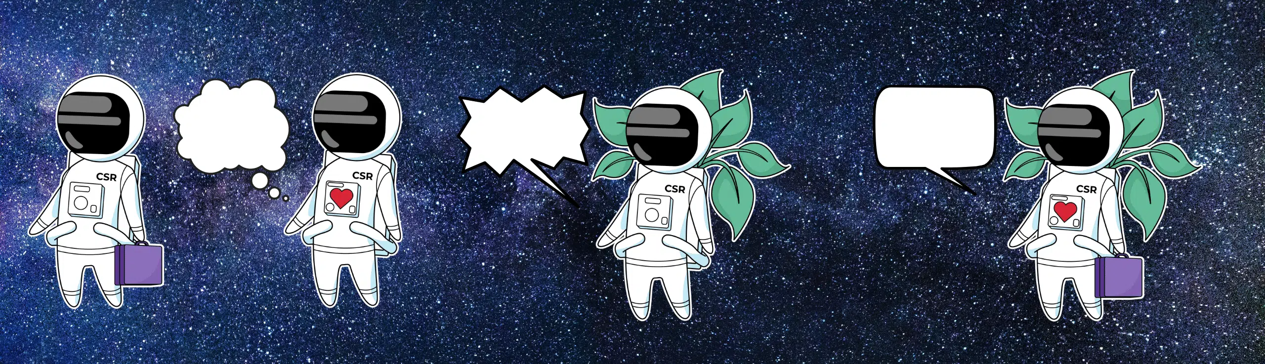 Illustratie van vier astronauten met CSR-emblemen op hun pakken, in een sterrenachtergrond. De eerste twee astronauten hebben een eenvoudige uitstraling, terwijl de derde en vierde astronaut bladeren groeien uit hun helmen en pakken. Twee astronauten houdt een paarse koffer vast.