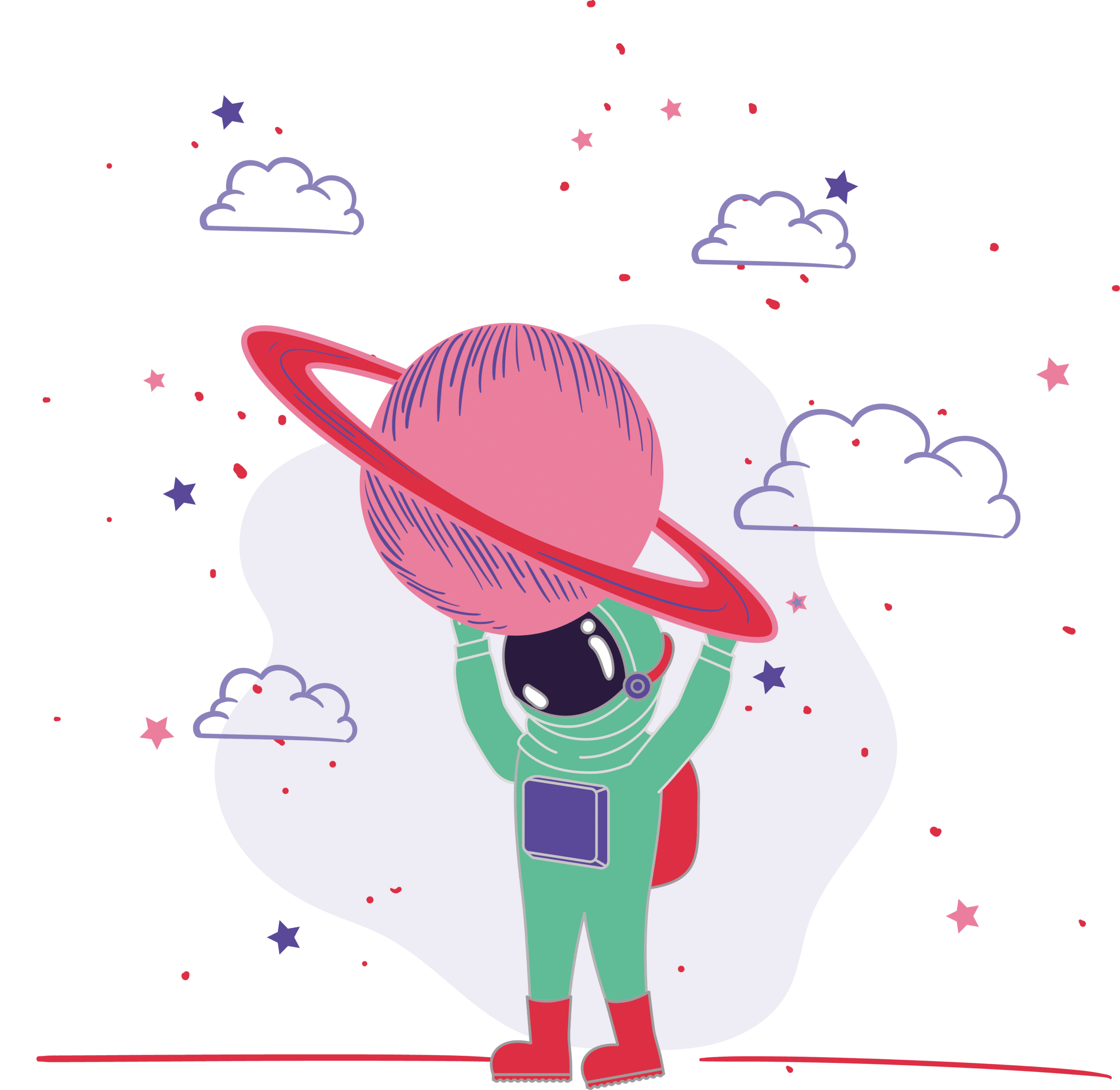 Illustratie van een astronaut in een groen ruimtepak die een roze planeet met ringen optilt, tegen een paarse achtergrond met sterren en wolken.